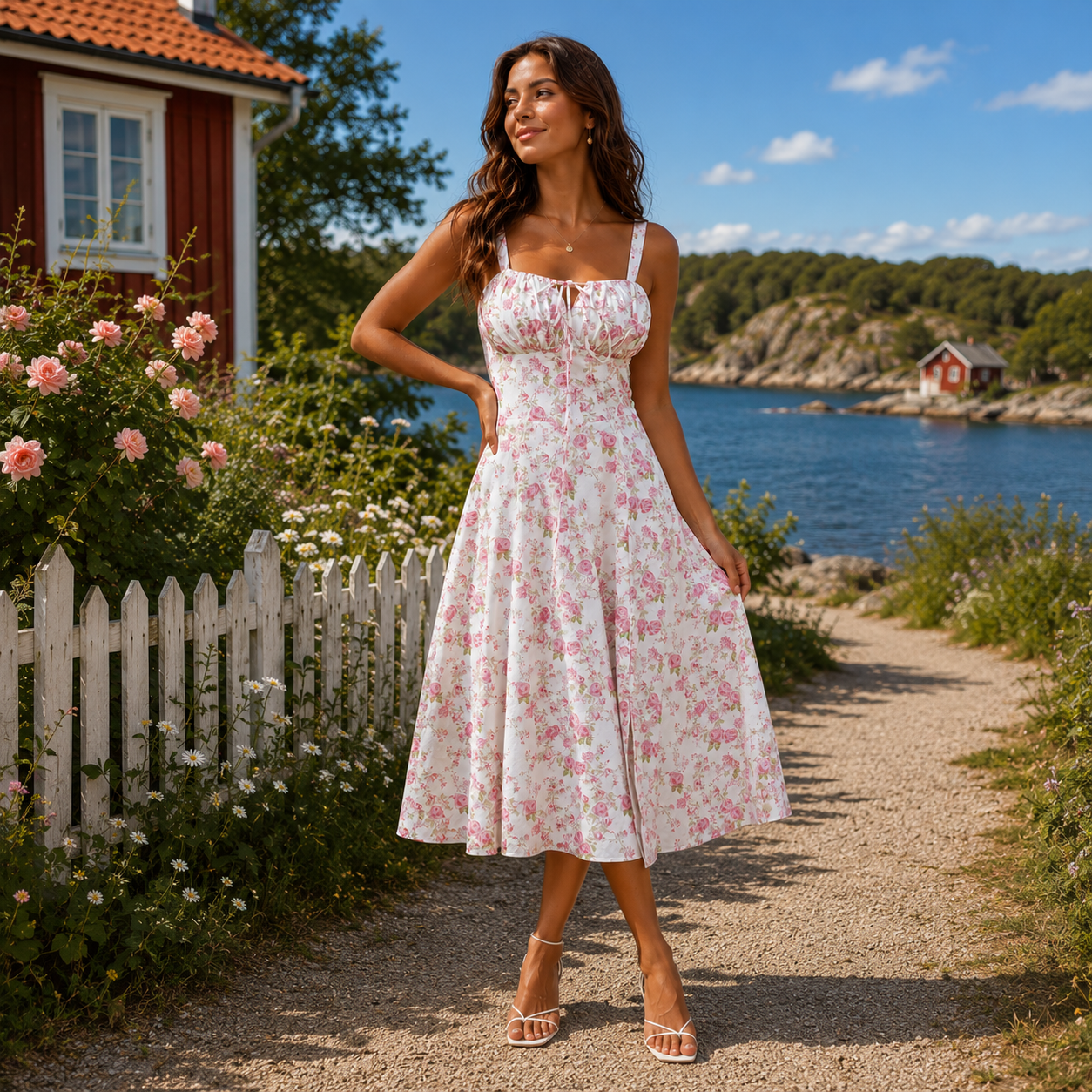 Blommig midiklänning med korsettliv